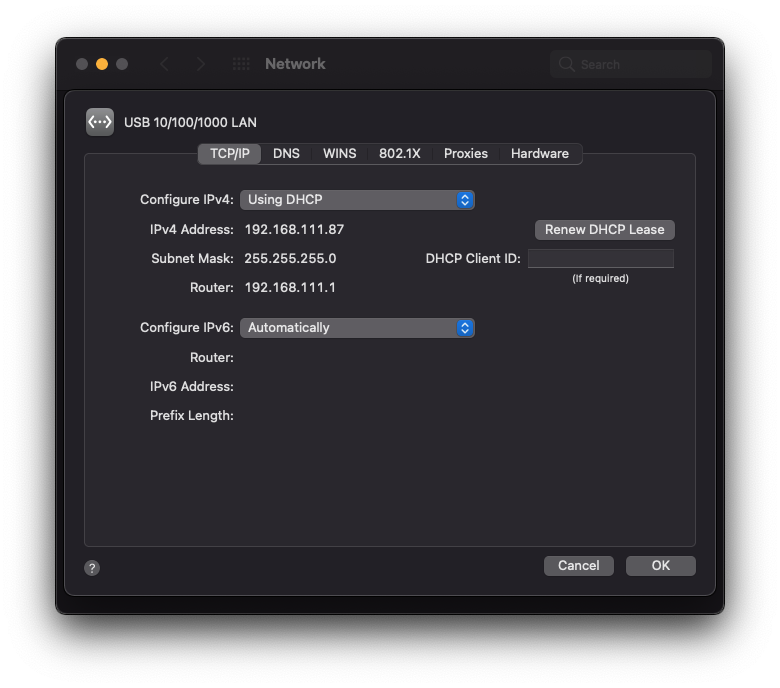 Network settings window on Mac